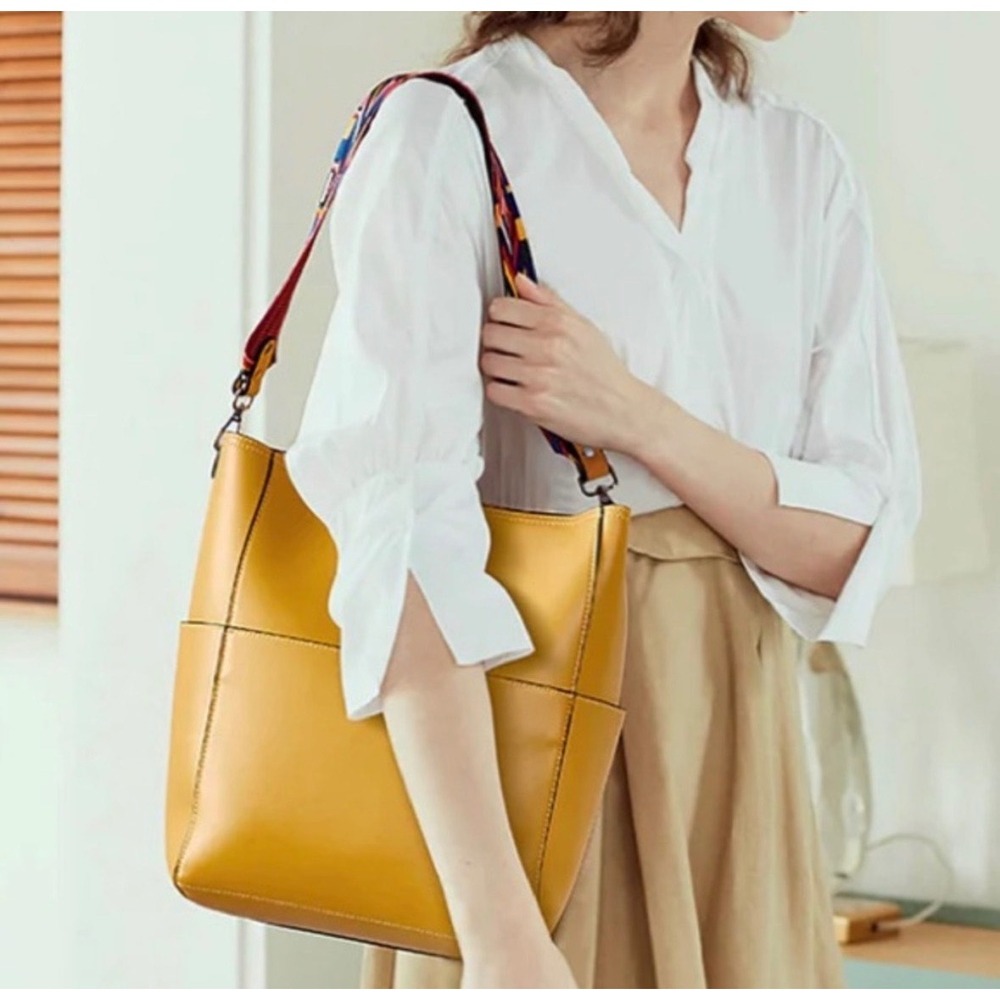 Bostanten Yellow Vegan Leather Bucket Bag Boho Woven Guitar Strap Hobo Tote a5